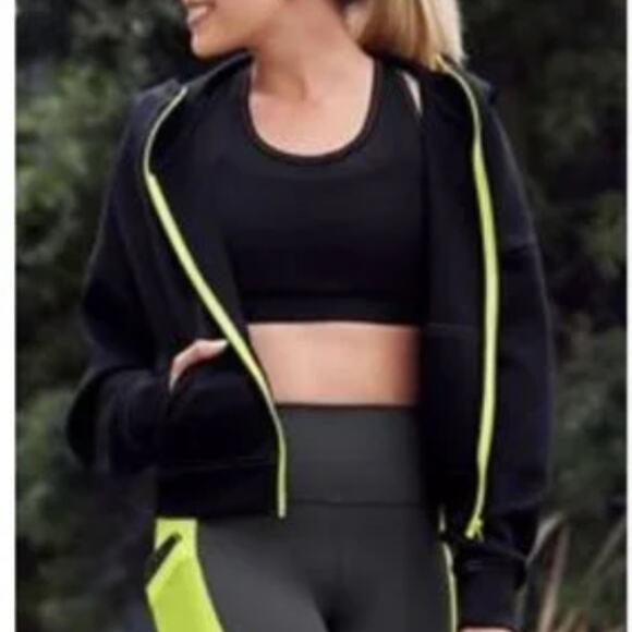 Fabletics Black Cropped Jacket With Hood and Neon Yellow Trim Women's M - Picture 2 of 7